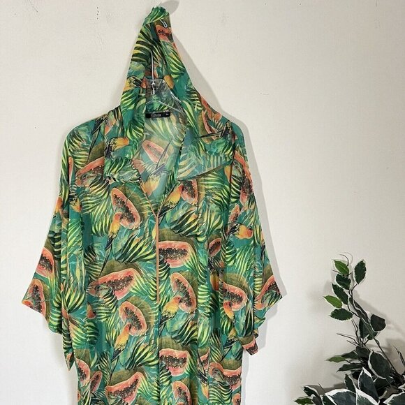 Glamy Swim Cover Up Kaftan Sheer Tropical Green Papaya Parrots Print Hooded - Picture 2 of 6